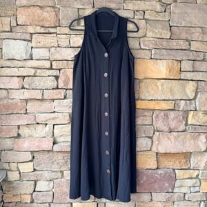 Bogo Black Gauzy Cotton Sleeveless Button Front Womens Midi Dress Lagenlook